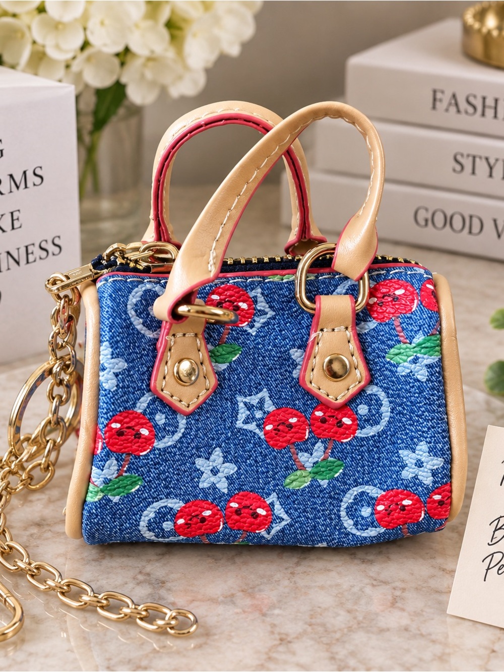 Denim Cherry Mini Handbag Bag Charm Keychain with Chain